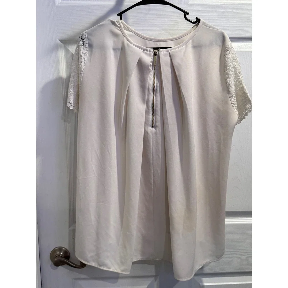 Michael Kors‎ Cream Lace Sleeve Pleated Zip Front Blouse MS54K351MH Mens L
